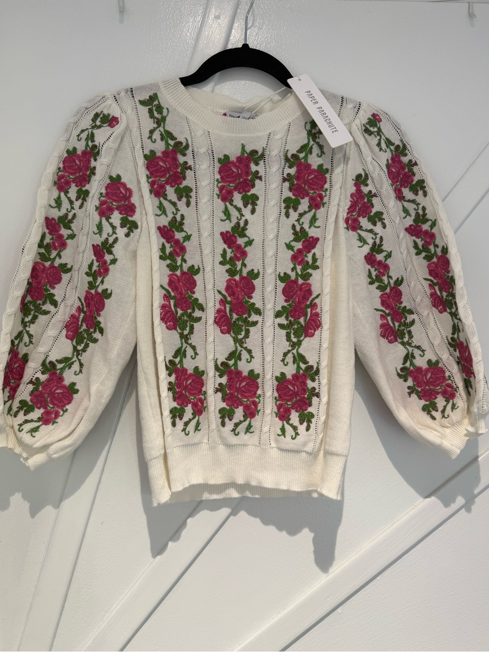 Ivory Floral Cable-Knit Sweater with Pink Roses